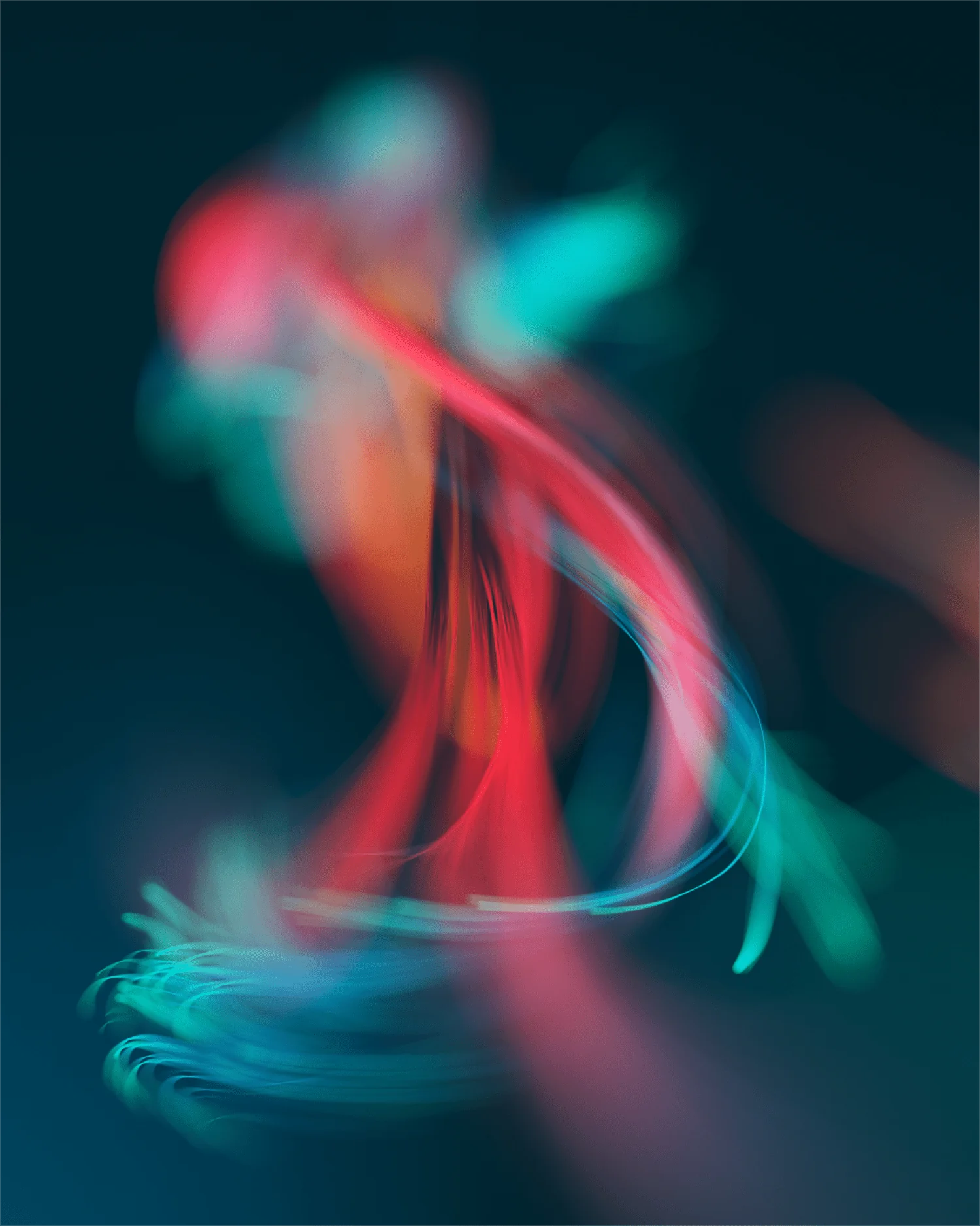 Streaks of red and teal light swirling into a loose figure on dark teal.