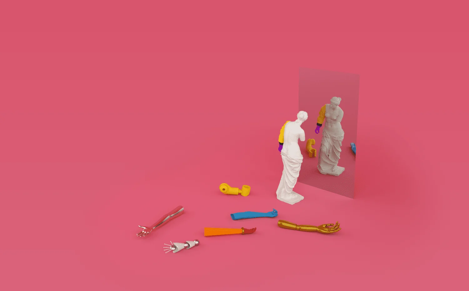 The Venus de Milo trying on colorful replacement arms in front of a mirror, more arms scattered on a pink floor.