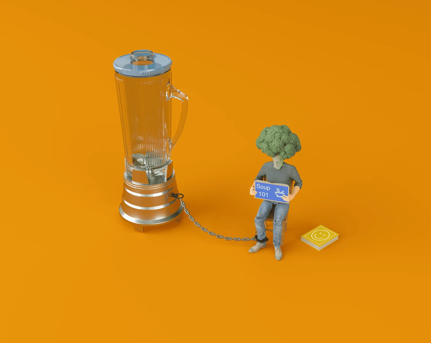 A small broccoli-headed figure chained to a giant blender, holding a sign, on orange.