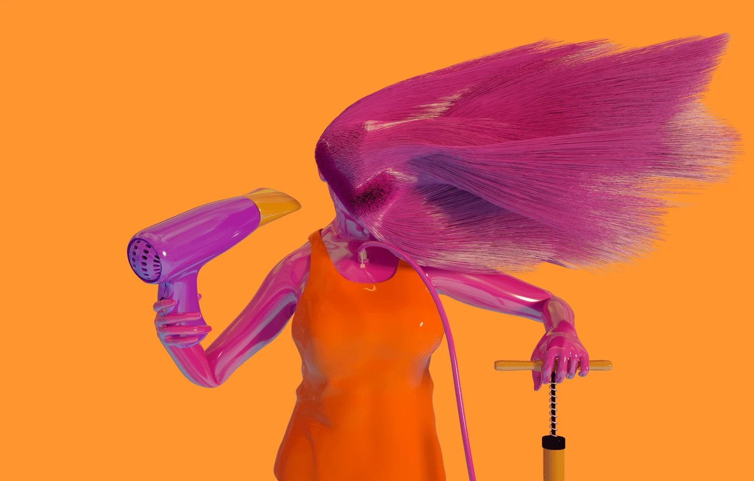 A pink figure in an orange dress blow-drying a huge mane of pink hair, on orange.