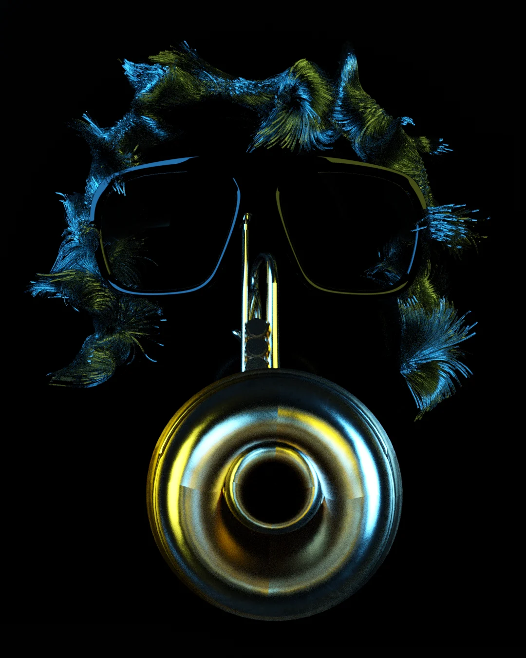 Sunglasses, a trumpet bell and wild hair forming a portrait of Miles Davis on black.
