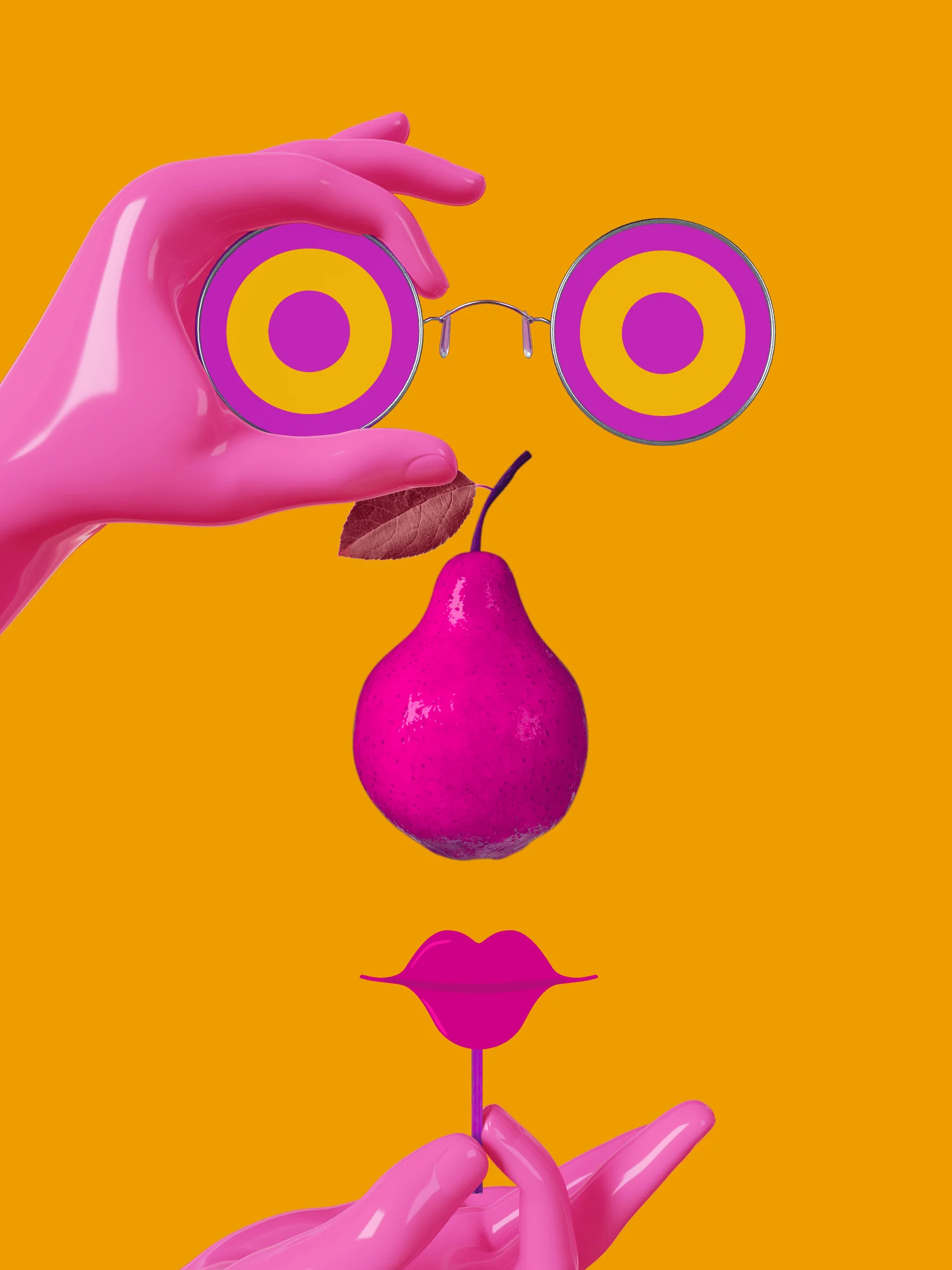 Pink hands holding target-like glasses over a pink pear and lips, making a face on yellow.