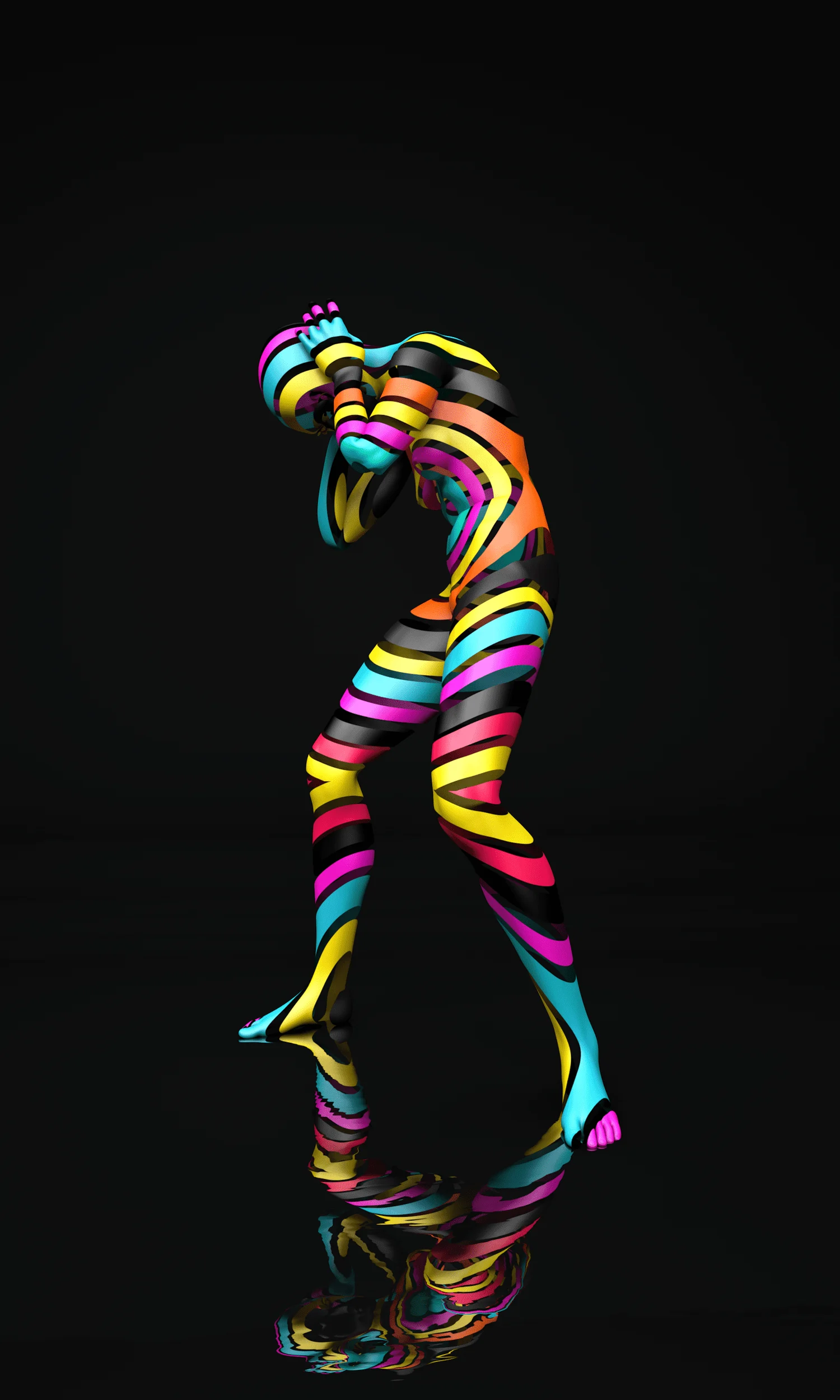 A tall figure wrapped in rainbow stripes, reflected on a black floor.