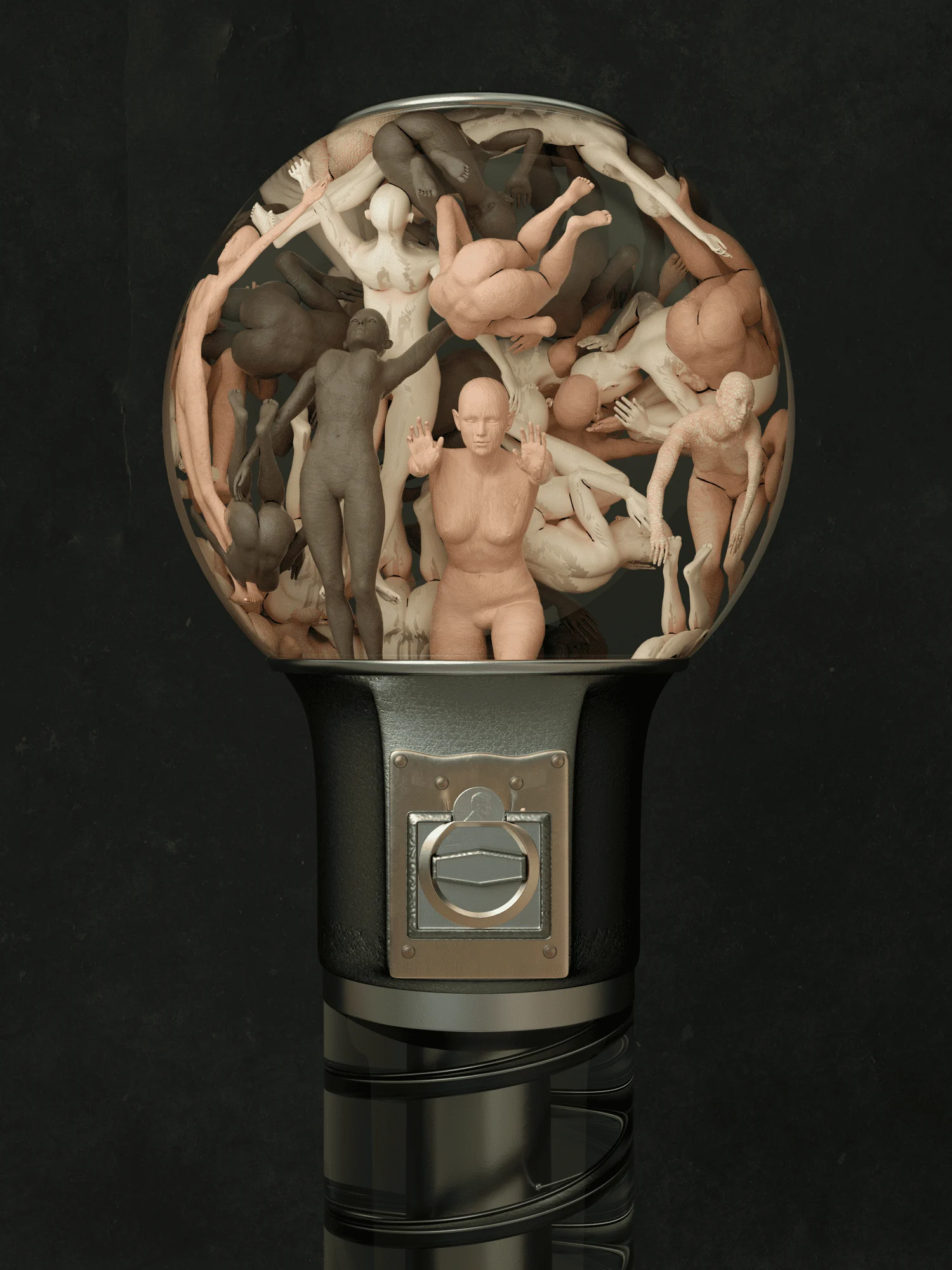A gumball machine whose glass globe is full of tiny human figures.