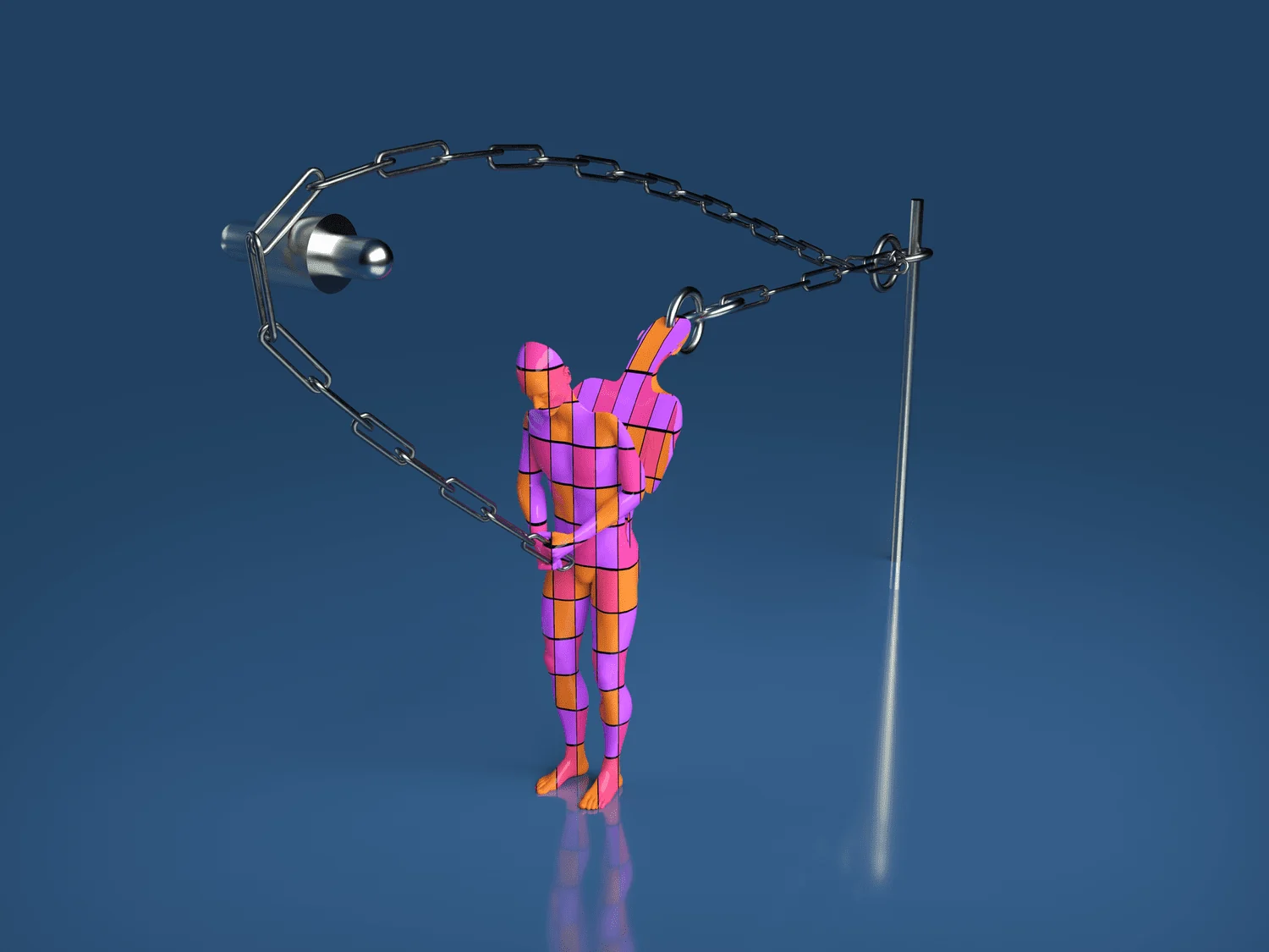 A figure in a pink and orange checked pattern, chained between a wall bolt and a pole, its double pulling away from its back, on blue.
