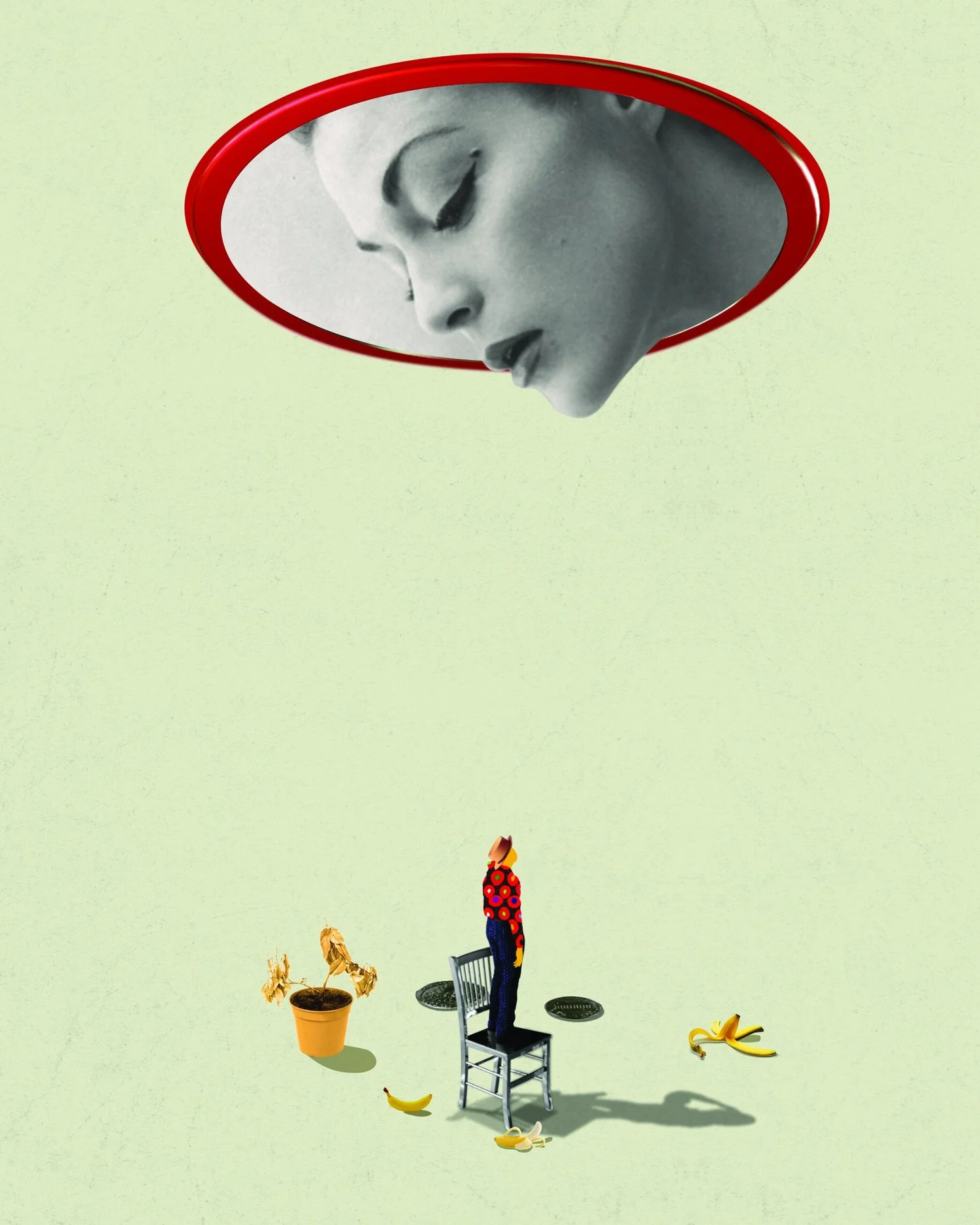 A woman’s face inside a red-rimmed oval above a tiny figure standing on a chair, on pale green.