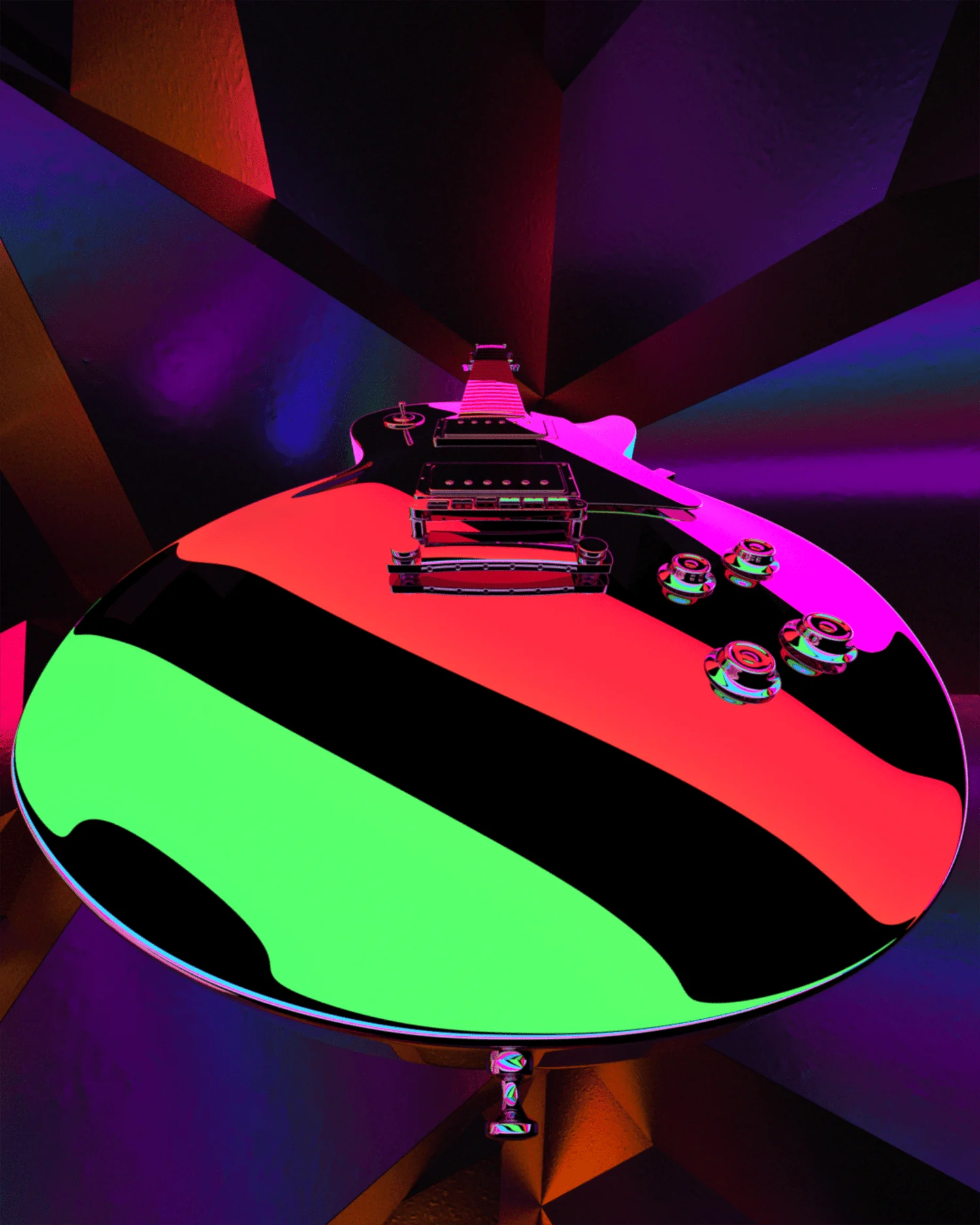 A striped green and red electric guitar floating in a glowing purple space.