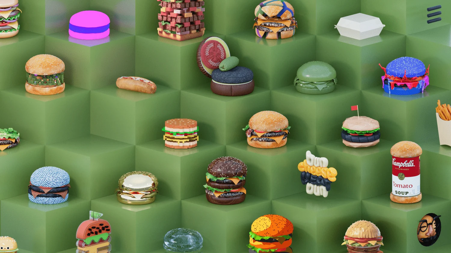 Green shelves filled with dozens of different burgers and other food.
