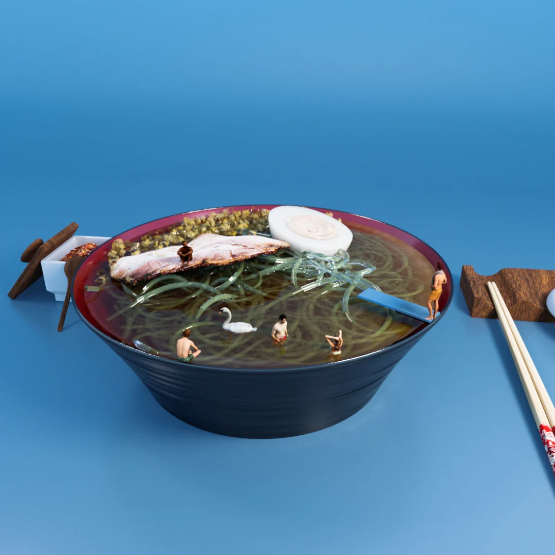 Tiny swimmers and a swan bathing in a bowl of ramen, on blue.