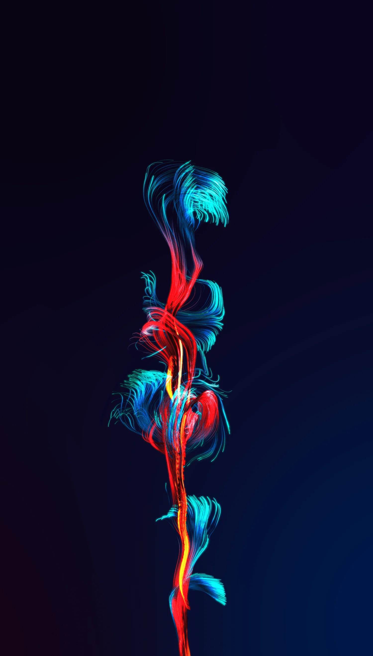 A tall vertical swirl of red and teal light particles on dark navy.