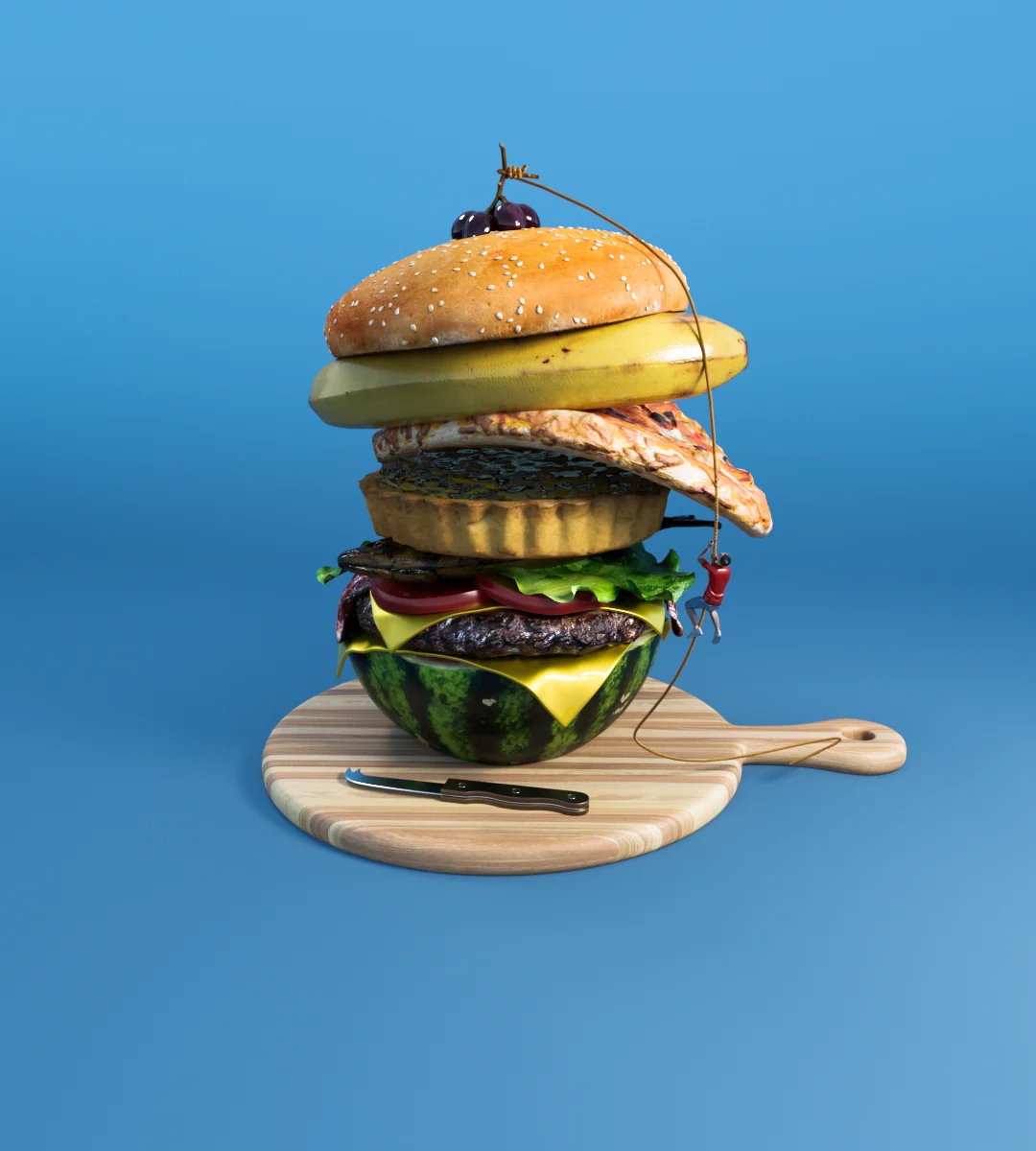 A towering burger of fruit and vegetable layers, with tiny climbers roped to its sides, on a cutting board.