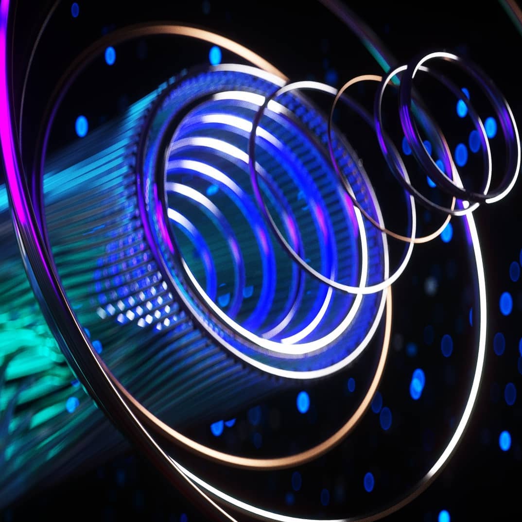Glowing blue and purple rings spiraling around a tunnel of light.